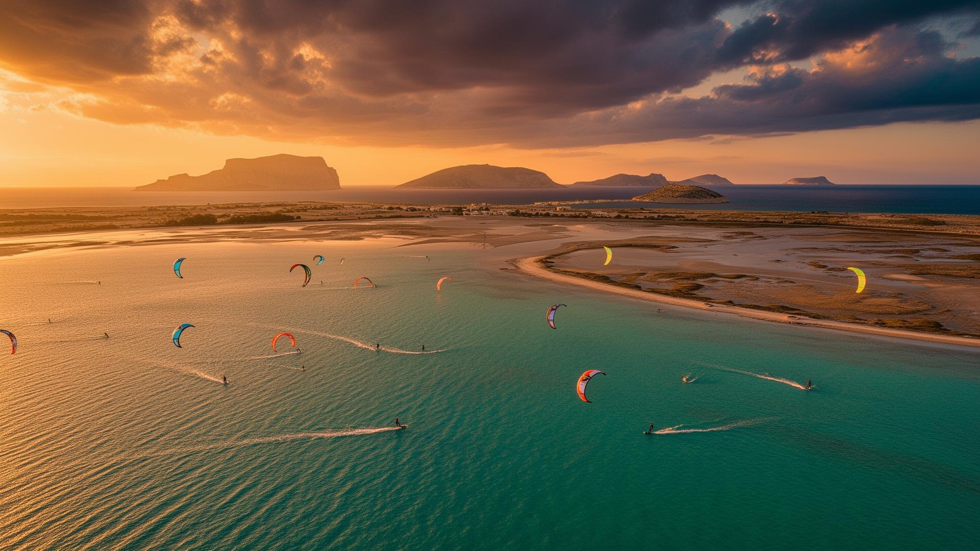 Kitesurfers on water at sunset